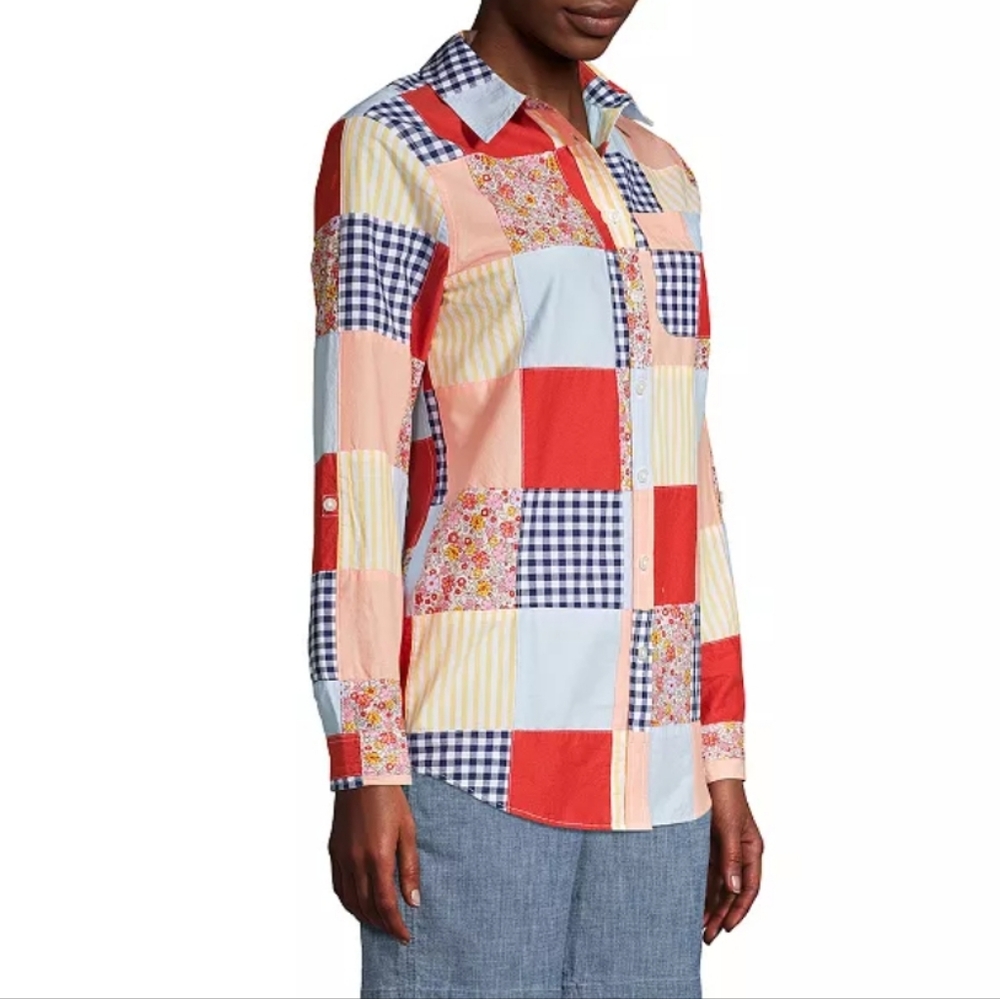 Land's End Colorful Patchwork Button-Up Shirt Siz… - image 2